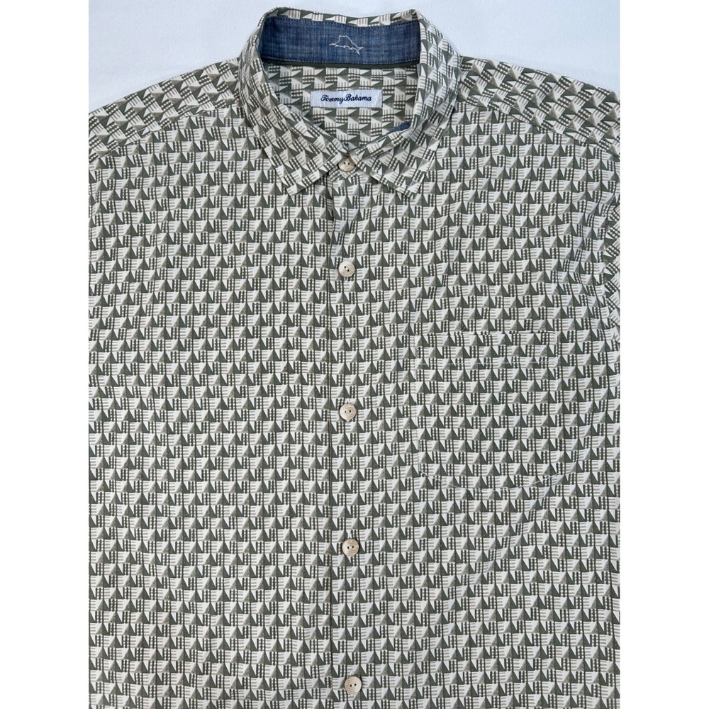 Tommy Bahama Mens Large 100% Silk Short Sleeve Button Down Shirt Green Geometric